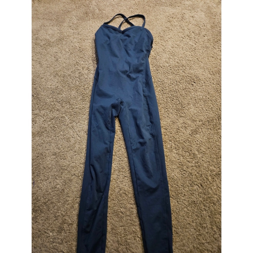Bombshell Sportswear Navy Blue Cross Back Bodysuit Yoga Jumpsuit Womens Small